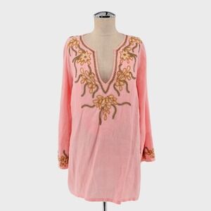 BARBARA GERWIT Top Womens Size M‎ Linen Beaded Detail Pink Tunic Split VNeck